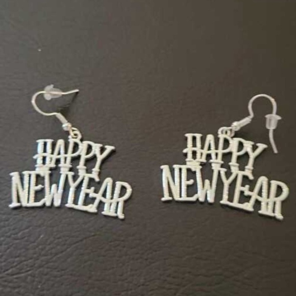 Silver-Tone Happy New Year Earrings BRAND NEW Minimalist Lightweight